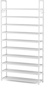 VTRIN 10 Tiers Shoe Rack Tall Large Capacity Wide Shoe Organizer Sturdy Shoe Shelf for Entryway with Two Hooks Metal Shoe Storage for Closet, Bedroom, White