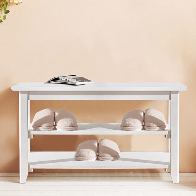 Shoe Rack Bench for Entryway with Storage, 32", 3-Tier Wooden Shoe Bench for Hallway, Front Door, Entrance, White