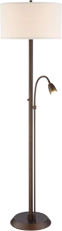 Possini Euro Design Traverse Modern Floor Lamp with Gooseneck Reading Light LED 64" Tall Oil Rubbed Bronze Metal Oatmeal Fabric Drum Shade Decor for Living Room Reading House Family Bedroom Home