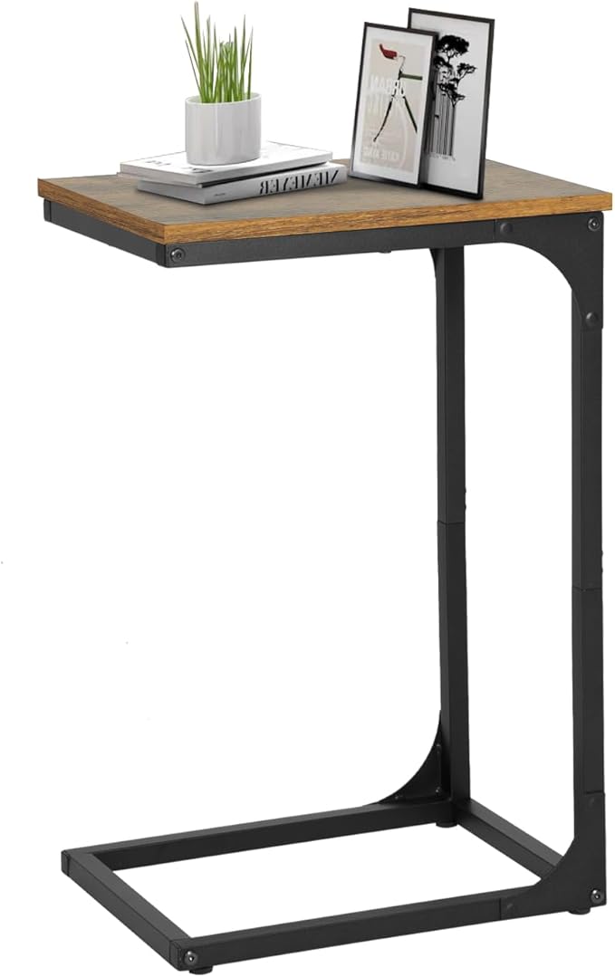 FDW C-Shaped End Table Wooden Top Side Table Adjustable Feet Small Cough Table Bedside End Table with Metal Frame for Bedroom Living Room,Brown