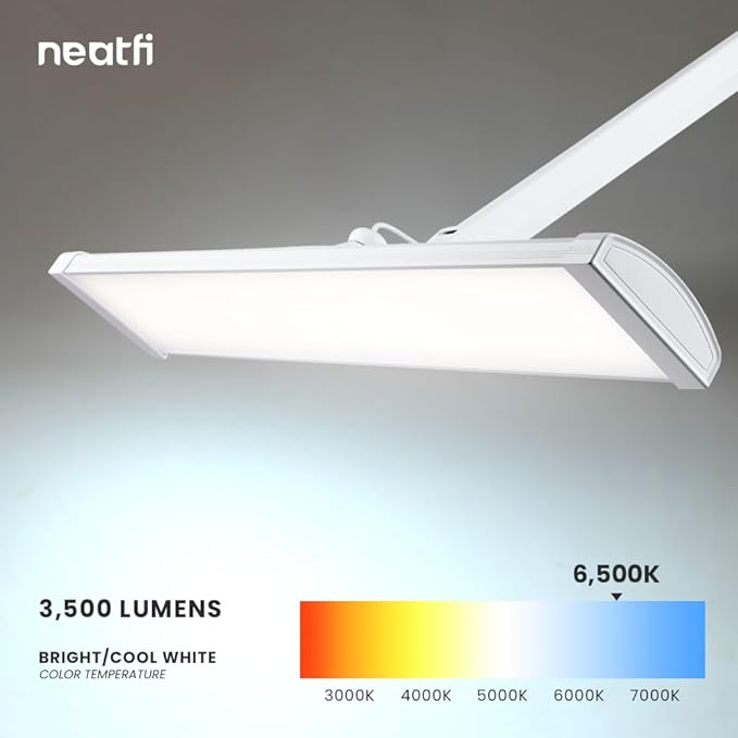 Neatfi Ultra Desk Lamp – 3,500 Lumens, 45W LED, 26-Inch Wide Shade, 5 Brightness Levels, Shadow-Free, Non-Flickering Light, Lamp for Reading, Crafting, Painting, Sewing (Non-CCT with Base, White)