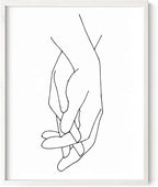 Holding Hands Wall Art Interlocking Fingers Connection Continuous Line Drawing 11x14 Inch Oak Wood White Framed Modern Minimalist Unity Print for Bedroom