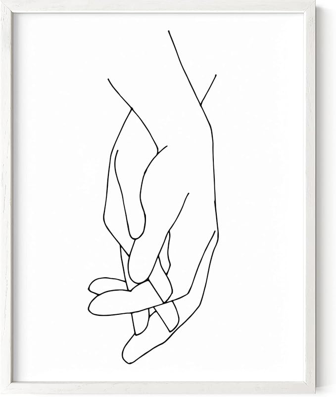 Holding Hands Wall Art Interlocking Fingers Connection Continuous Line Drawing 11x14 Inch Oak Wood White Framed Modern Minimalist Unity Print for Bedroom