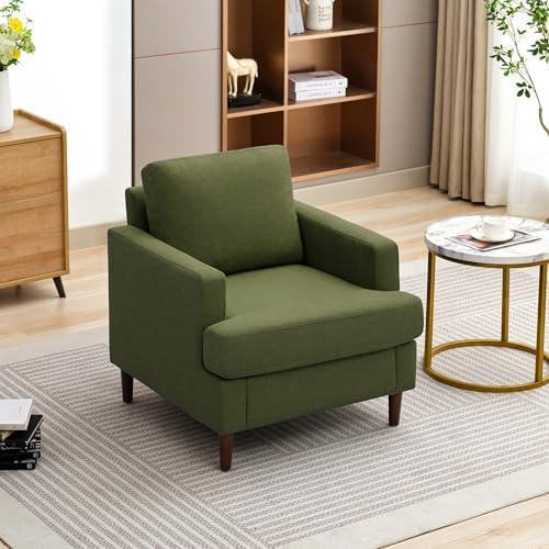 Mid-Century Accent Chair, Comfy Upholstered Reading Accent Chairs for Bedroom, Modern Linen Fabric Armchair for Living Room, Single Sofa Chair with Wood Legs (Green, 2 Pack)