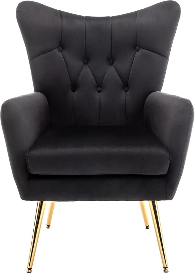Modern Chic Mid-Century Velvet Accent Armchair for Living Room, Bedroom, or Home Office, Button-Tufted Wingback Design with Gold Flared Legs, Black