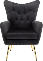 Modern Chic Mid-Century Velvet Accent Armchair for Living Room, Bedroom, or Home Office, Button-Tufted Wingback Design with Gold Flared Legs, Black