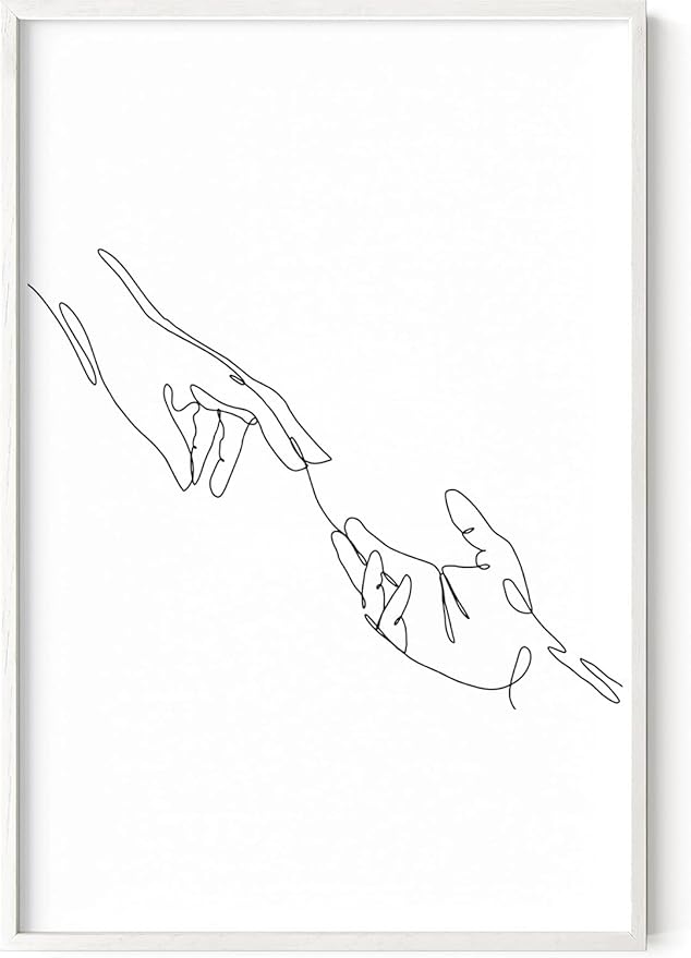Minimalist Reaching Hands Wall Art Continuous Line Drawing Connection Symbol 24x36 Inch Oak Wood White Framed Aesthetic Modern Decor Print for Bedroom Living Room