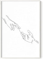 Minimalist Reaching Hands Wall Art Continuous Line Drawing Connection Symbol 24x36 Inch Oak Wood White Framed Aesthetic Modern Decor Print for Bedroom Living Room