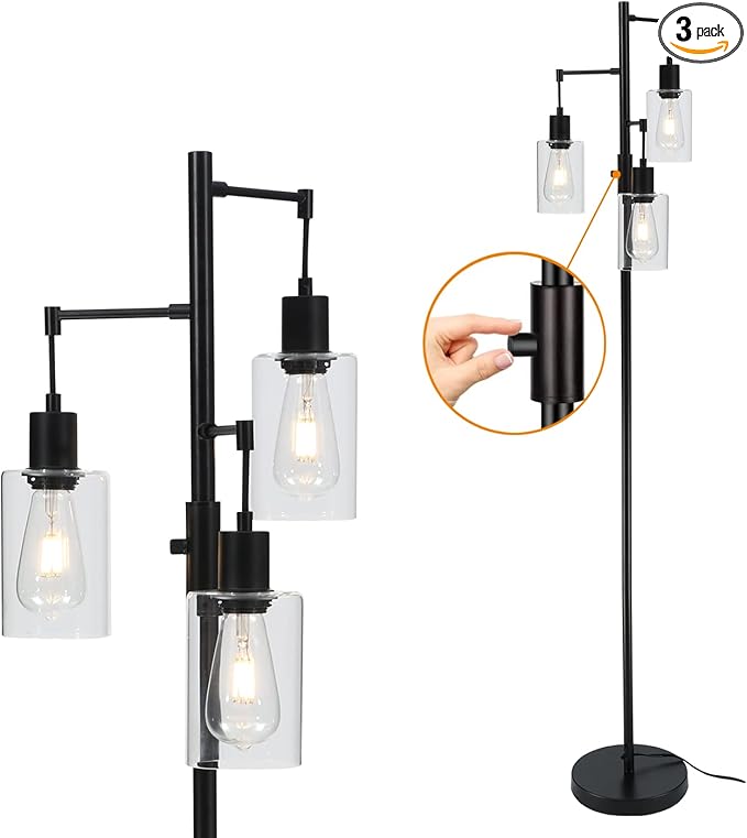 3 Lights Floor Lamp, Industrial Tree Lamp for Living Room Bedroom, Black Modern Dimmable Farmhouse Standing Lamp, Tall Pole with Clear Glass Shade