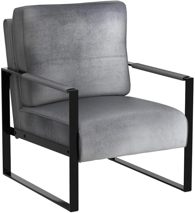 Container Furniture Classic Mid Century Modern Accent Chair with Durable Square Metal Frame, Armchair for Living Room, Bedroom, Home Office in Plush Velvet Upholstery, Grey