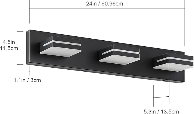 Bathroom Vanity Lighting Fixtures Over Mirror (3-Light, 24-Inch) Modern LED Bathroom Wall Lighting Fixtures, Matte Black (Cool White 6000K)