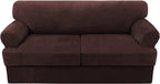 H.VERSAILTEX Sofa Cover 3 Piece T Cushion Sofa Slipcovers Thick Velvet Couch Cover Furniture Protector Stretch T Cushion Sofa Covers for 2 Cushion Couch with 2 T Cushion Covers Washable, Brown