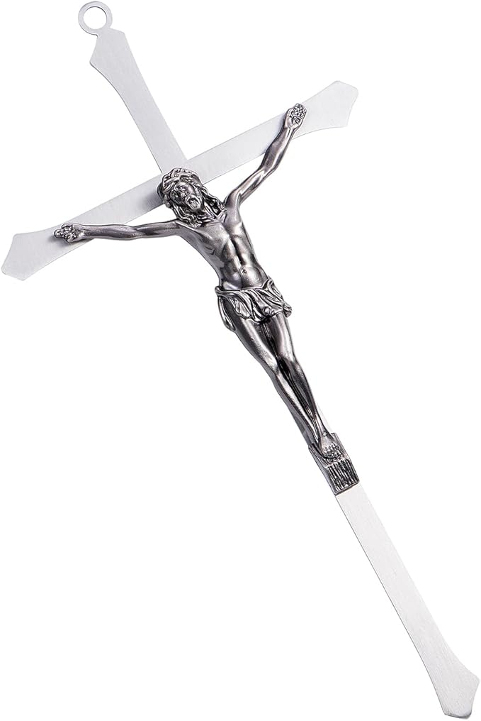 ACHIBANG 10" Metal Crucifix Wall Cross – Modern Catholic Silver Jesus Cross for Wall Decor, Christian Symbol of Faith
