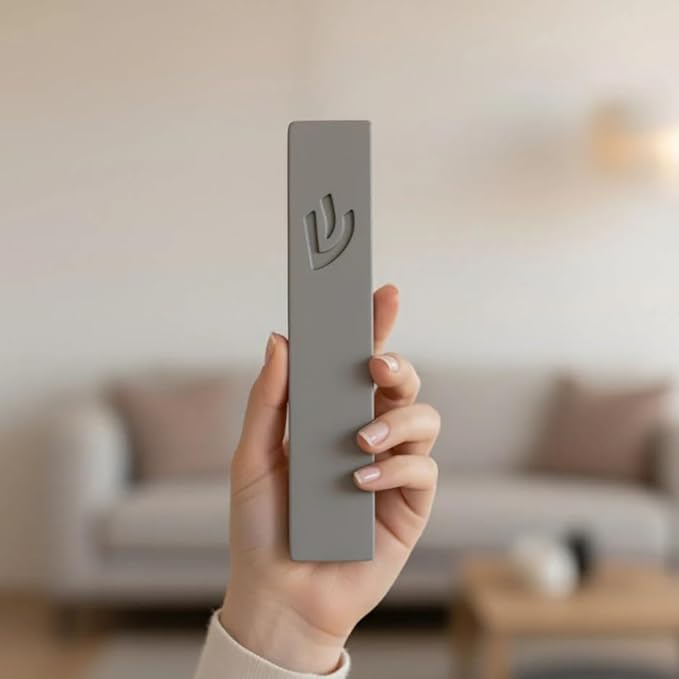 SURI Mezuzah and Printed Scroll Set – 5 Inch Light Gray Concrete Mezuzah Case, Self-Stick Adhesive, Fits a 4 Inch Mezuza Scroll, Gift Box Included