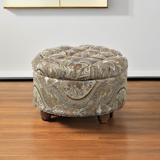 Homepop Home Decor |N8264-F1044 | Large Button Tufted Woven Round Storage Ottoman | Ottoman with Storage for Living Room & Bedroom, Traditional Paisley
