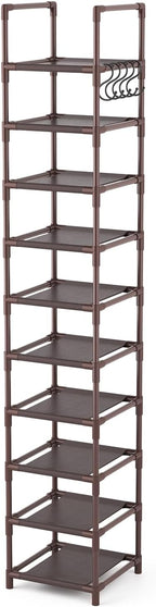 Tall Shoe Rack 10-Tier Narrow Shoe Shelf Storage for 10-15 Pairs Shoe and Boot, Sturdy Shoe Storage Space Saving Corner Shoe Rack Organizer for Closet, Entryway, Living Room, Brown