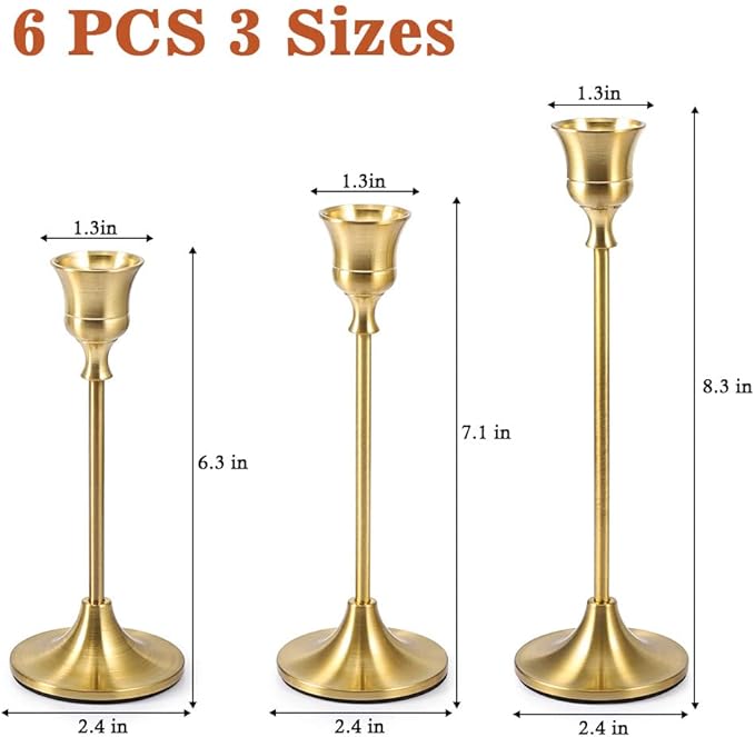 Candlestick Holders Taper Candle Holders - Gold Candlestick Holder Set of 6 Candle Stick Holders kit Classic Decorative Candle Stick for Christmas, Wedding, Party, Dinner Tables,Home Décor