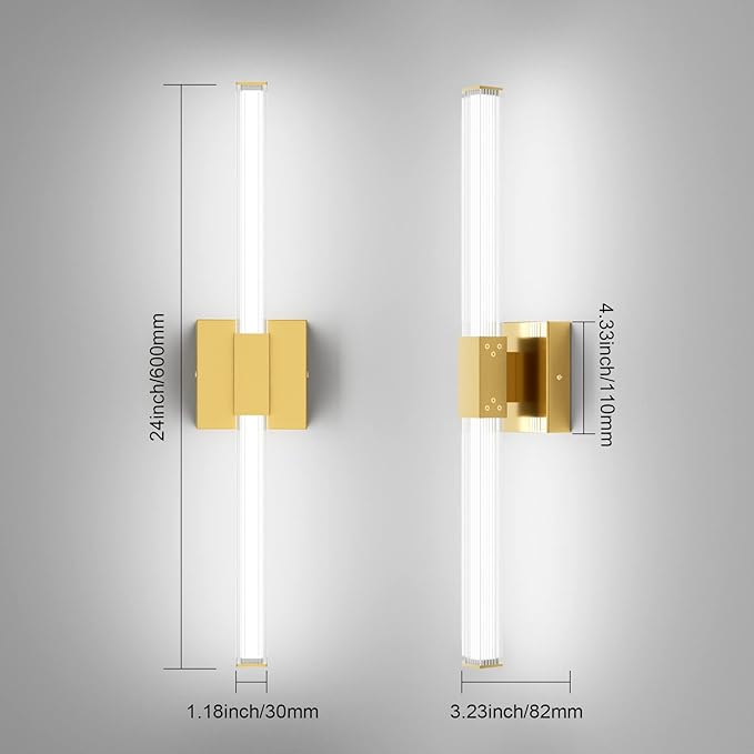 Ralbay 24inch Gold Bathroom Vanity Light Bar 22W Modern LED Vanity Lights Gold Bathroom Wall Mounted Light Fixtures Over Mirror(5500K White Light)