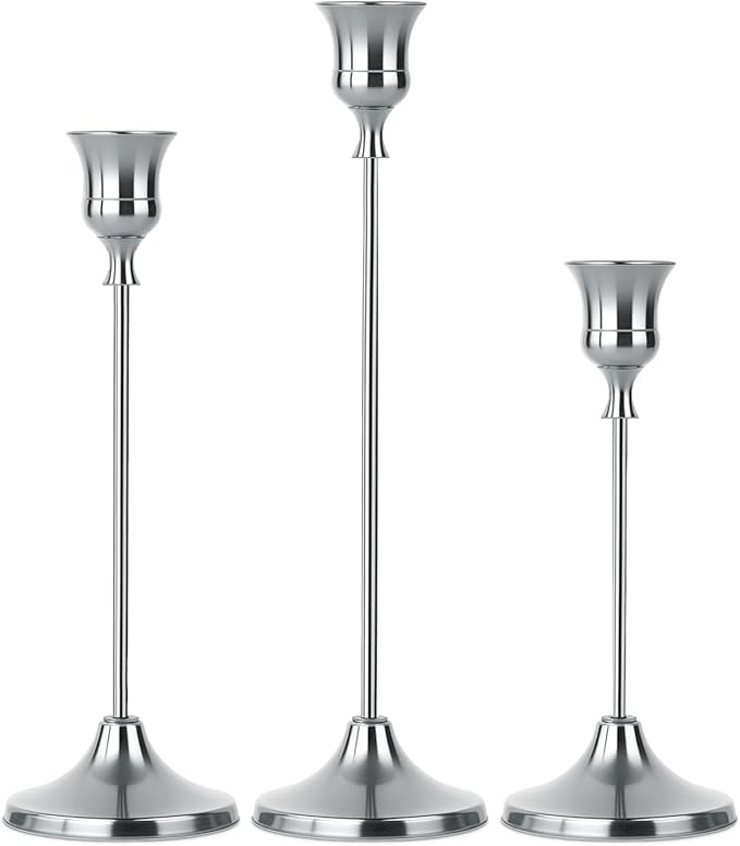 Set of 3 Silver Tapered Candle Holder,Candlestick Tall Metal Candlestick Holders for Table Centerpiece Home Decor for Wedding Fireplace Mantel Housewarming Gift Fits 3/4 Inch Thick Candles