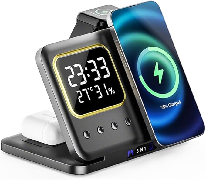 IHAO 5in1 Multi Functional Wireless Charger with Digital Clock 18W Fast Charge Night Light Temperature Display Magnetic Attraction Compliant for iPhone, Apple Watch and Qi Headphone-DH13 Black