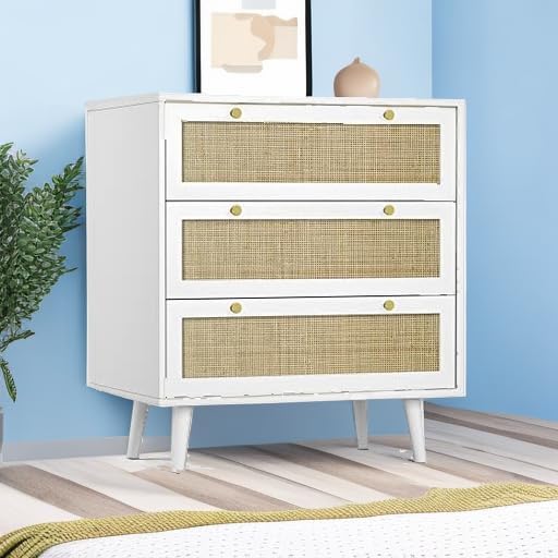 Anmytek White Dresser for Bedroom with 3 Drawers, Modern Wood 3 Drawer Dresser, White Chest of Drawer with Spacious Storage Rattan Dresser for Bedroom H0072