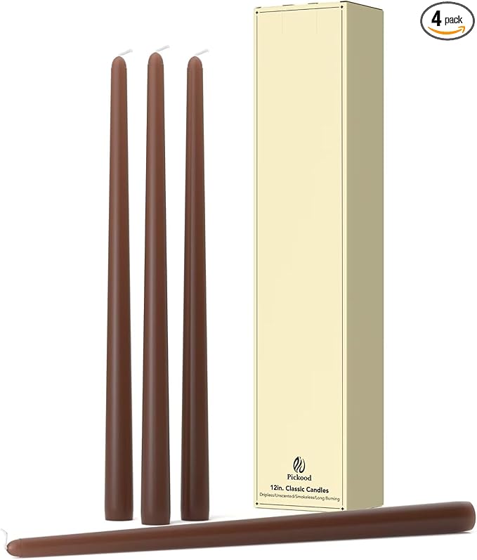 12-Inch Tall Dripless Taper Candles Set of 4 - Cocoa Brown Tapered Candles, Perfect for Spring - Smokeless, Unscented, Long Burning - Hand Poured, Colored Tall Candlesticks - Chocolates
