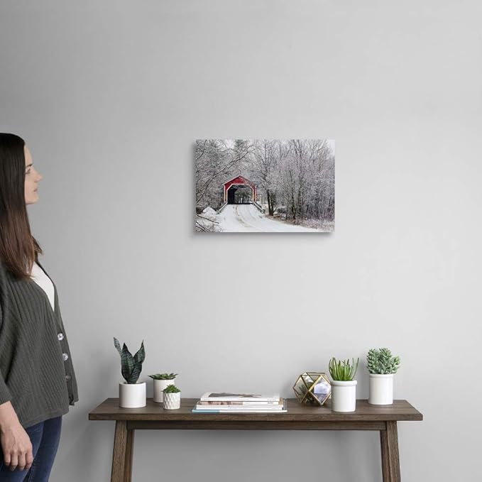 CANVAS ON DEMAND Red Covered Bridge in the Winter; Adamsville Quebec Canada Canvas Wall Art Print by David Chapman, Home Decor, Frost, Winter Artwork, 18"x12"
