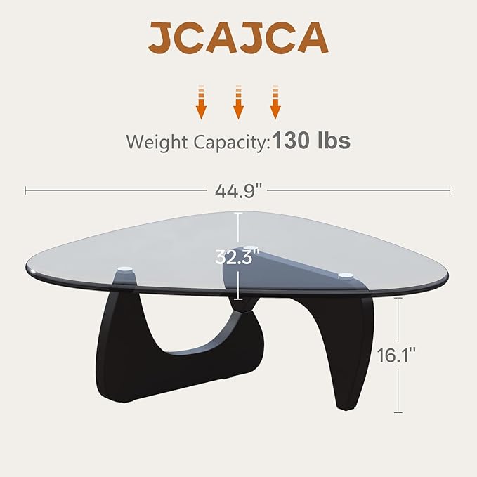 Coffee Table for Living Room Mid Century Modern Center Small Table with Glass Top and Wood, Black Transparent