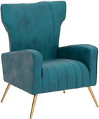 Modern Velvet Accent Chair, Channel Tufted Bedroom, Office or Living Room Furniture with Elegant Metal Legs, 26" Wide Armchair, Blueish Green