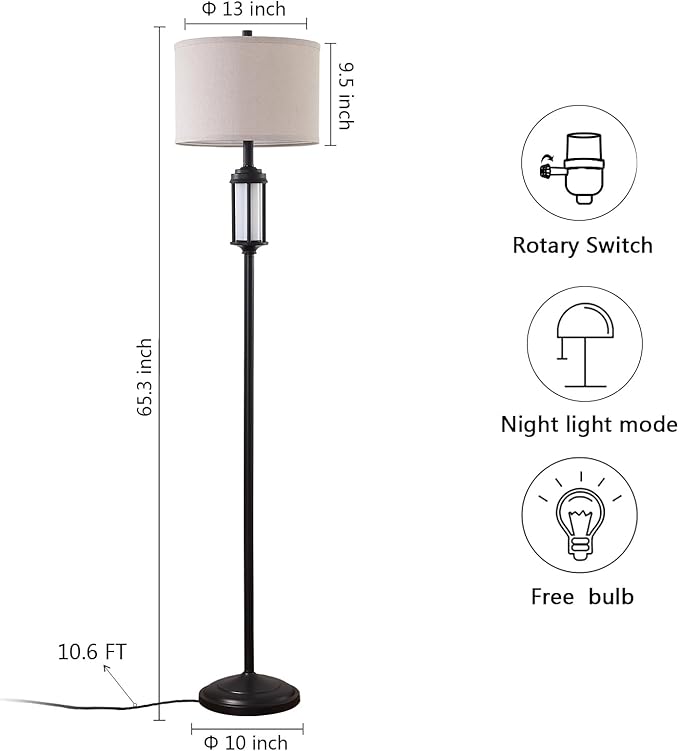 65" Modern Floor Lamp for Living Room with 2 Light Sources, Industrial Black Tall Standing Lamps with Nightlight, Retro Floor Light for Bedroom Office Reading Room, Bulbs Included