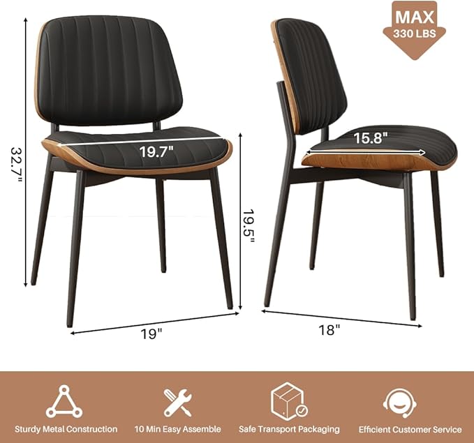 Dining Chairs Set of 2, Mid-Century Modern Upholstered PU Leather Chairs with Walnut Bentwood Back and Metal Legs for Kitchen Dining Living Room, Black Vertical Stripes (Black)