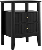 Fluted Nightstand, Farmhouse Night Stand with 2 Drawers, Mid Century Modern Side Accent Table,Bedside End Table for Bedroom, Living Room, Black