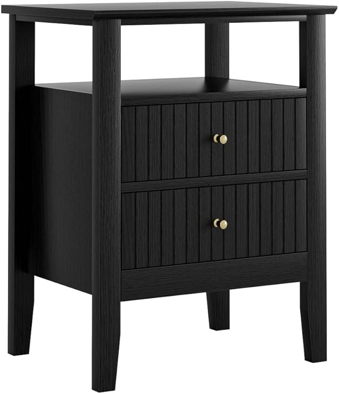 Fluted Nightstand, Farmhouse Night Stand with 2 Drawers, Mid Century Modern Side Accent Table,Bedside End Table for Bedroom, Living Room, Black