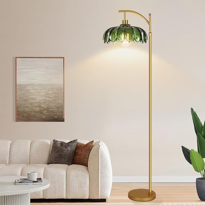 Gold Floor Lamps for Living Room,Glass Floor Lamp with Remote Control & Green Lampshade,Arc Flower Lamp Dimmable Mid Century Modern Standing Lamp Vintage Brass Tall Floor Lamp For Bedroom Corner