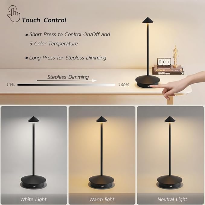 LED Cordless Table Lamps, Portable Rechargeable 6000mAh Outdoor Lights, 3 Color Stepless Dimming Battery Powered Bedside Lamp,wireless Touch Desk Lamp For Bedroom/Kitchen Lamp/Camping/Patio(Black）