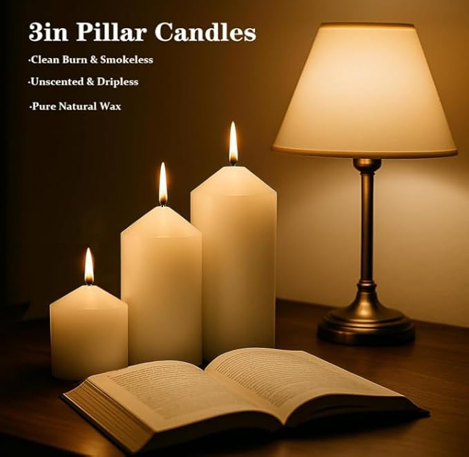 Ivory Pillar Candles Bulk Set of 12, 3 Different Lengths 3 x 3/6/8 Inch (4 Each), Hurricane Candles, Dripless Unscented Smokeless, Gives You a Better Atmosphere When Organizing an Event Party.