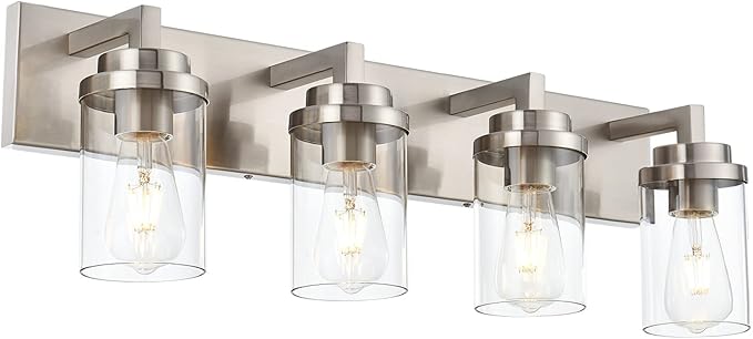 MELUCEE 4 Lights Vanity Light Brushed Nickel Modern Bathroom Lighting Fixtures Over Mirror with Clear Glass Shade, Industrial Wall Lights for Mirror Cabinet Kitchen