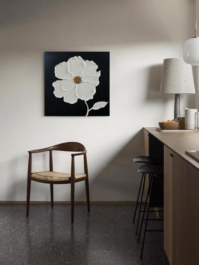 YaSheng Art - Thick Texture Flowers Abstract Oil Painting Hand-Painted Black and White Wall Art Minimalist modern Art Paintings Home Living room Room Dining Room Bedroom Wall Decorative Art Oil Painting 24x24inch