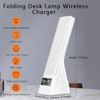 IHAO 6in1 Multifunctional Foldable LED Desk Lamp with Wireless Charger Digital Alarm Clock Eye-Care Lighting 3 Color Modes 15W Qi Charger for Phone/Headphones Compatible with iWatch Charger-N61 White