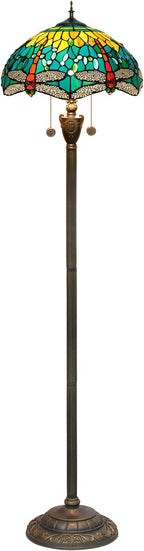 Tiffany Floor lamp Stained Glass Lamps for Living Room Bedroom Office Rustic Corner Standing Tall Vintage Light Kids Unique Pulling Chain Green Dragonfly Style Lighting