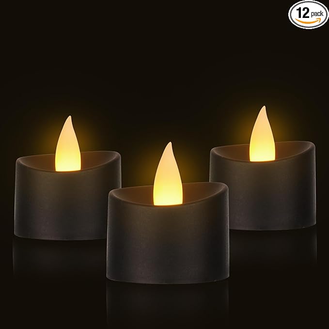 Black Flameless Tea Lights - 12 Pack Modern LED Candles for Men, Memorial Decor, Gothic Weddings & Industrial Home Style (Black Base, 12 Pack)