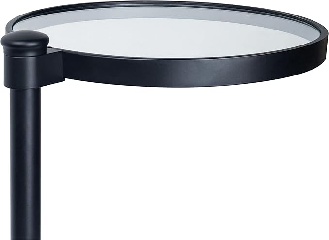 TEHOME Black Glass Drink Table Metal Martini Round Small Drink Side Table for Couch Tempered Glass C Shaped End Table for Sofa 10" diam,24.55" h