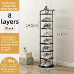 Bamboo Shoe Rack Organizer, 2-10 Tiers, Natural or Tea Color, No-Tool Assembly, Foldable Storage Shelf (Round Eight Layer Black)