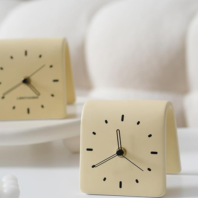 Creative Ceramic Tabletop Clock Simple Desk Alarm for Home Decor Living Room Bedside Silent Quartz (Creamy Beige)