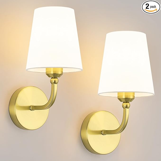 Modern Wall Sconces Set of 2, Hardwired Wall Lights with Flared White Fabric Shade, Brushed Gold Wall Lamps for Bedroom Bedside Stairway Bathroom Living Room(ETL Listed)