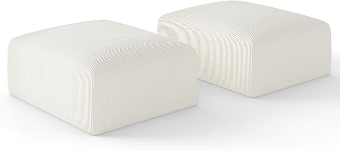 40" Square Stuffed Ottoman Pouf for Sofa Couch, Corduroy Poufs with Foam Chunk Filling, Furry & Fluffy Pouf Footstool Movable Ottoman. 40*31 Floor Poufs Foot Rest for Living Room, Beige(2 Piece Set)