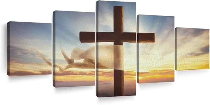 Elephant Stock Holy Cross Wall Art Multi Piece Canvas - 5 Panel Christian Pictures Decor - Digital Design Canvas Print - Christian Wall Decor - 80" X 36"