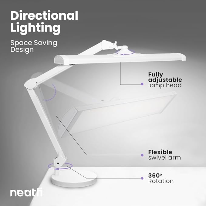 Neatfi LED Desk Lamp, 3,500 Lumens, 3 Light Modes, Dimmable, 45W, 26” Wide Shade, 540 SMD LEDs, Eye-Caring Task Lamp for Reading, Crafting, Workbench, Office (CCT with Base, White)