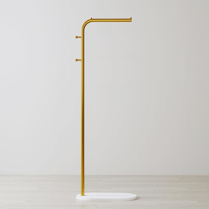 Gold clothing rack for small Spaces,Modern clothes racks for hanging clothes,7-shaped coat rack Freestanding with Marble Base and 2 Hooks coat hanger stand for Jackets, Coats, Hats (gold)