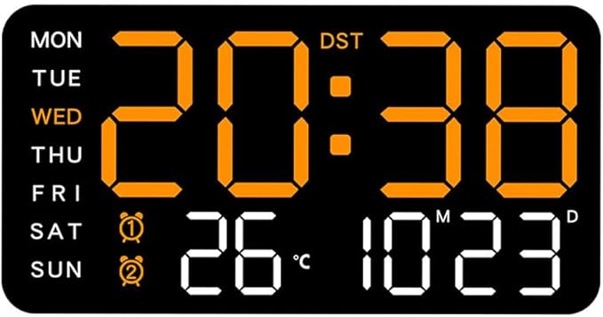 Multifunctional Decorative Led Digital Wall Clock,Large Digital Clock Shows Time,Date,Temperature,Auto Brightness Adjustment,Dual Alarms,Electronic Clock for Livingroom (Orange lamp with black shell)